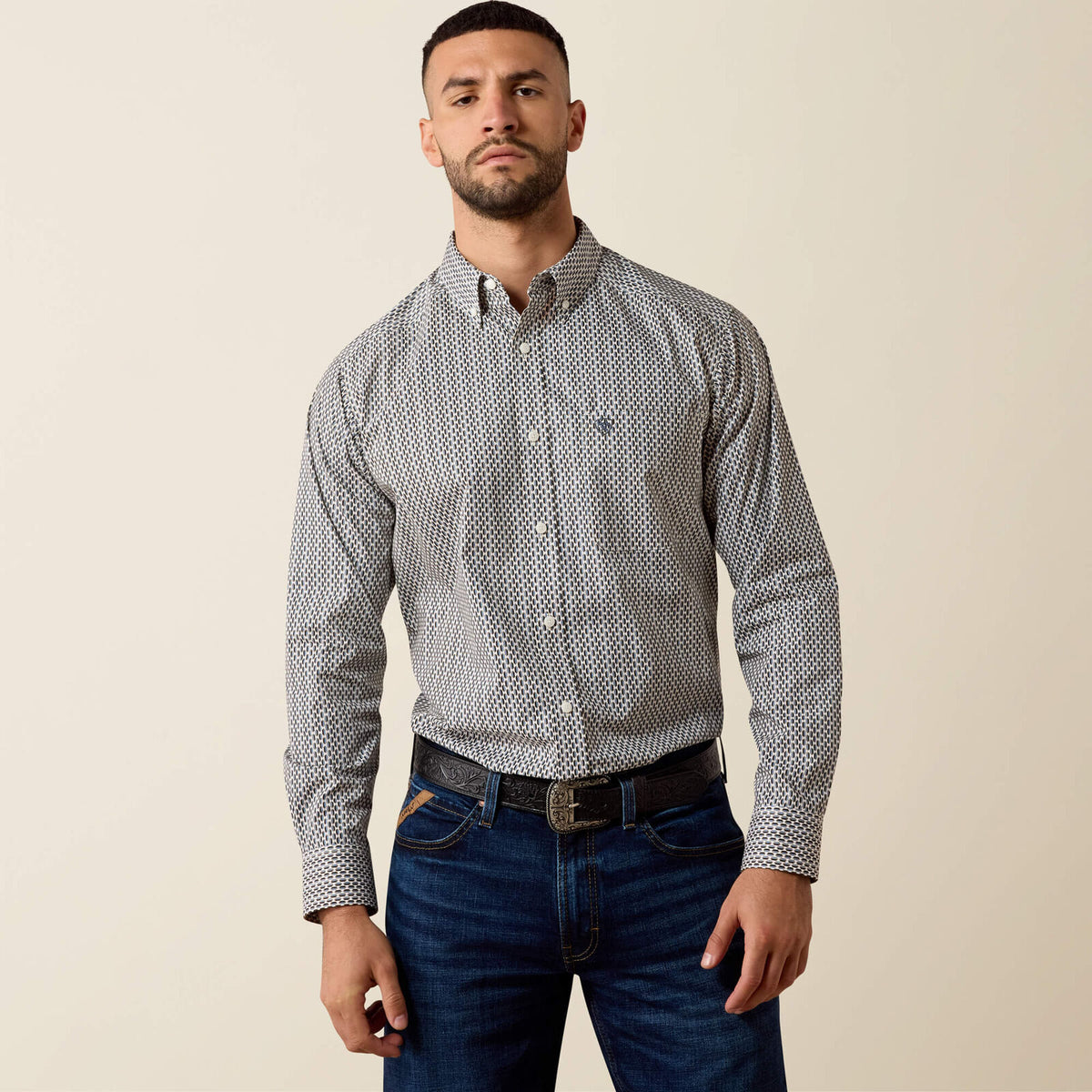 Ariat 10079413 men's Cliff classic fit shirt in white multi geometric print, front view
