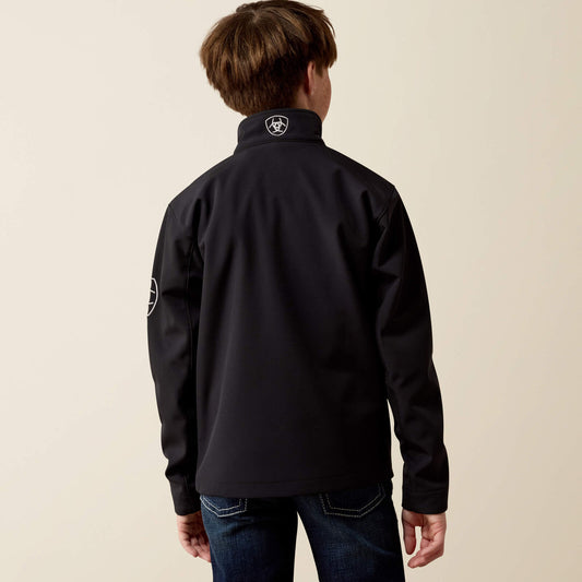 Ariat 10079694 boys' Logo Softshell Jacket in black with embroidered logos, view 2