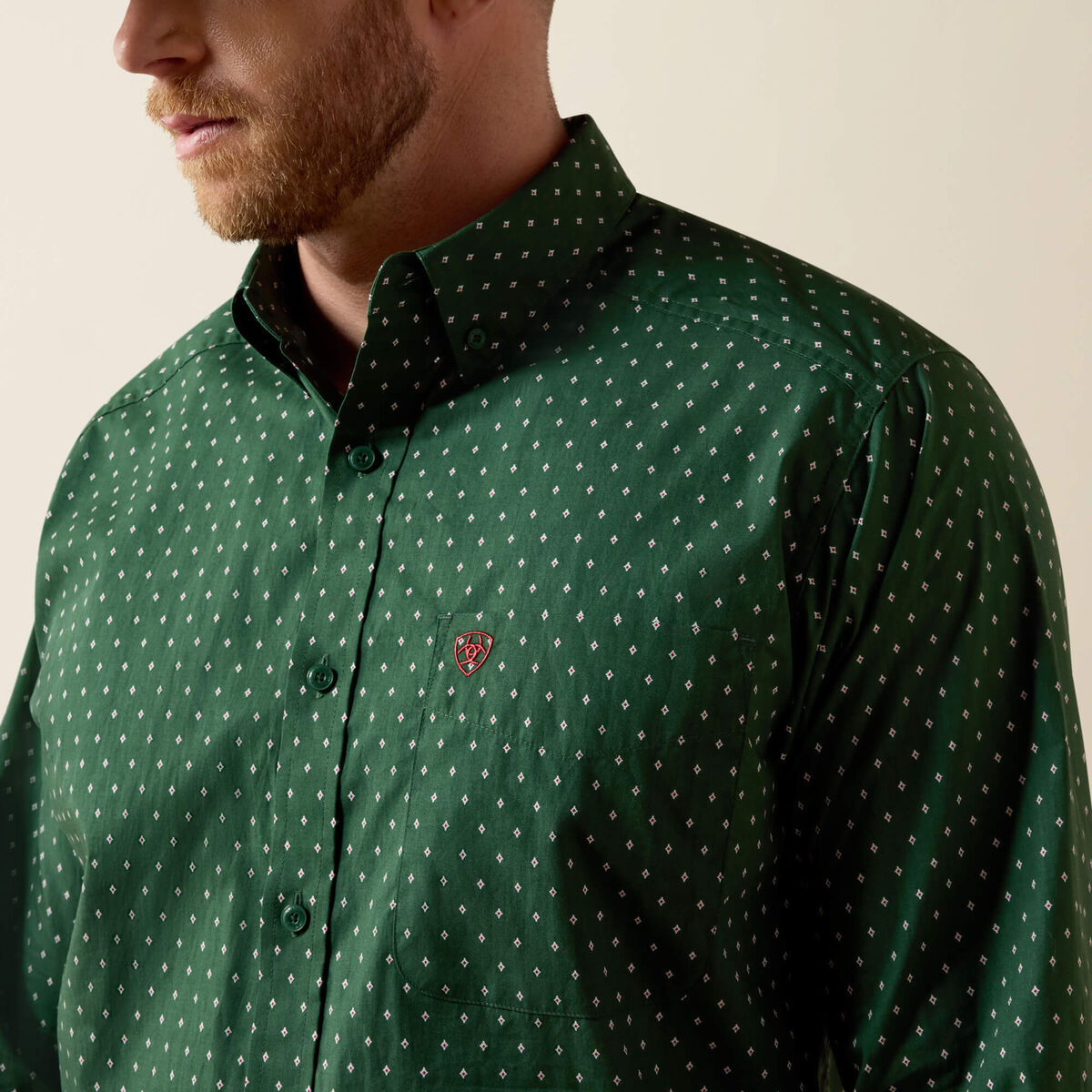 Ariat 10080658 Larkspur classic fit shirt in pineneedle green medallion print, detail view