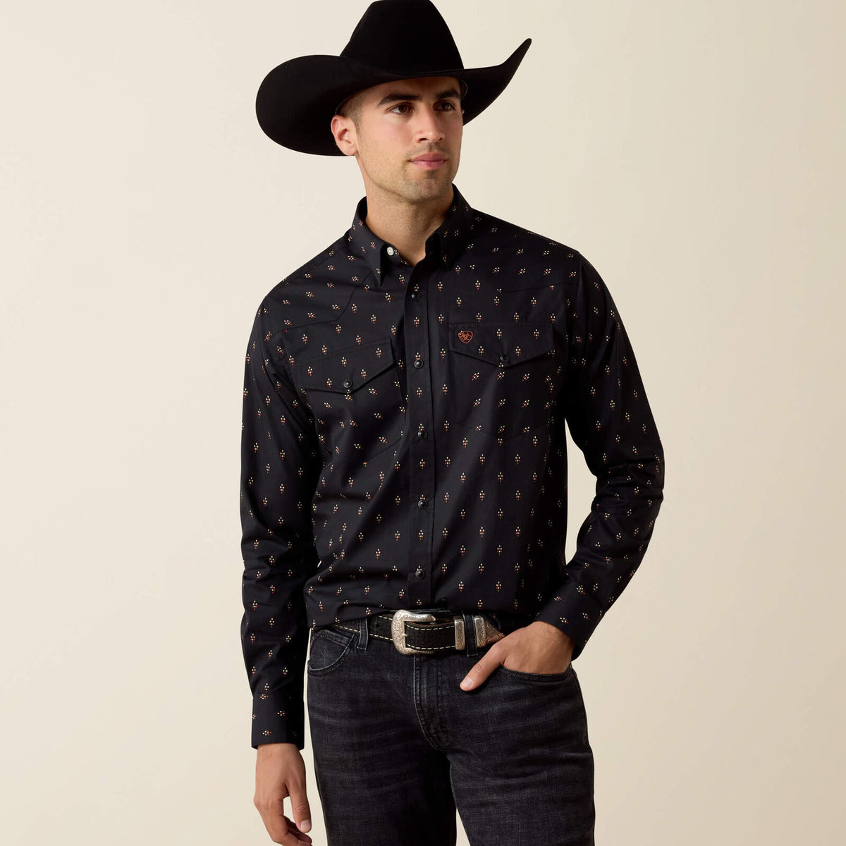 Ariat 10080667 men's Piety classic fit snap shirt in black geo print, front view