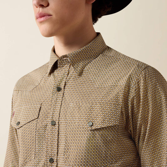 Ariat 10080698 Wrinkle Free Rip classic fit snap shirt in antique gold geo print, view 2