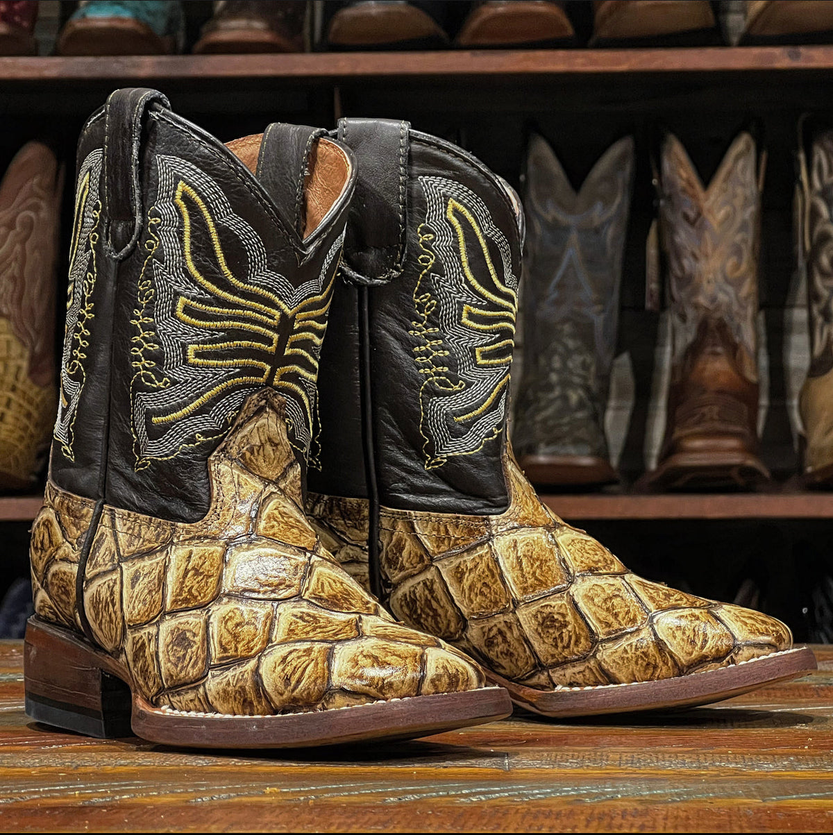 Tanner Mark Billy orix tan monster fish print cowboy boots TMY205204, front view of the embroidered shaft