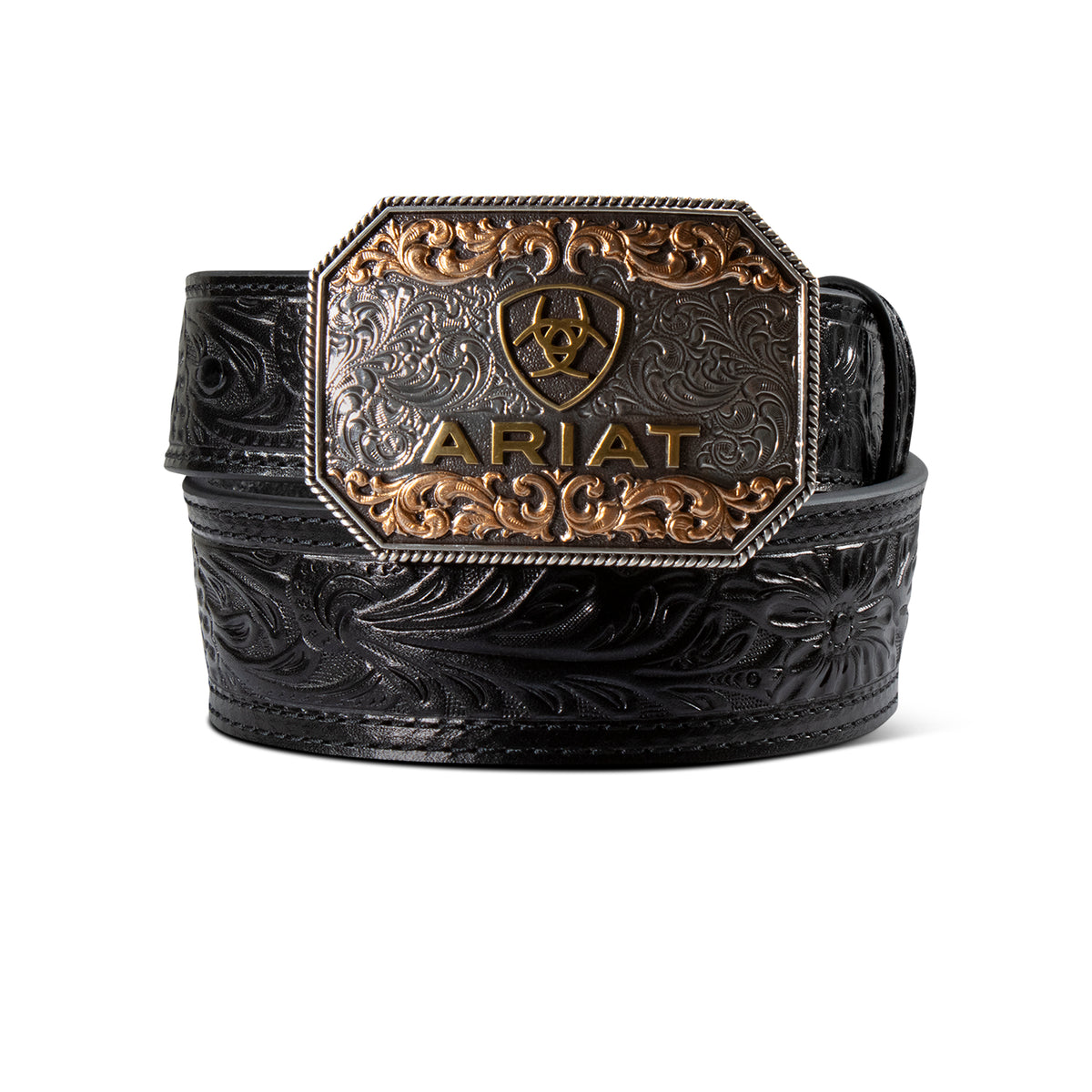 Ariat A1309101 kids' black floral tooled western belt with removable silver buckle