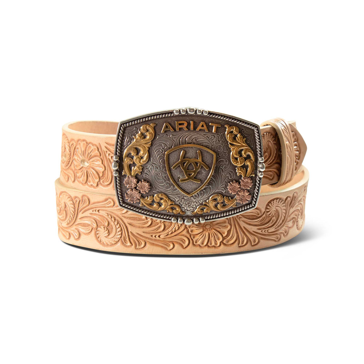Ariat A1568148 women's natural leather belt with engraved rectangular Ariat buckle