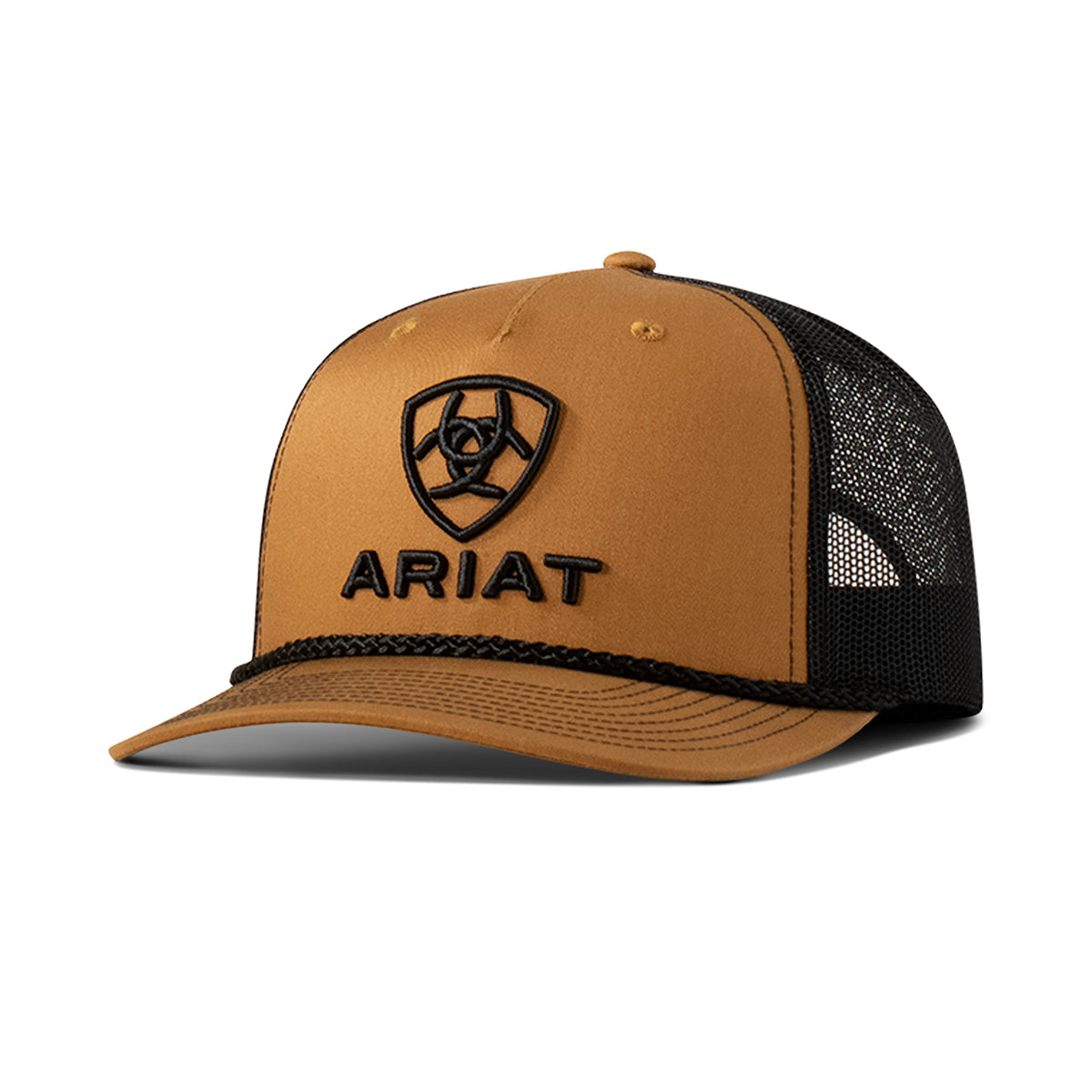 Ariat A300090008 men's tan snapback cap with black embroidered Ariat shield logo, black rope visor trim and black mesh back, front view