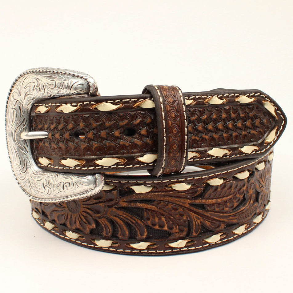 Ariat Men's Brown Floral Tooling and White Lacing Tapered Western Belt (A1033002)