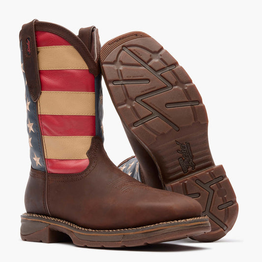 Outsole of Durango DB020 Workin' Rebel steel toe boot showing the rubber sole with flag graphic