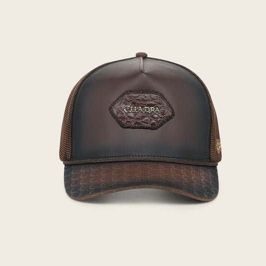Cuadra CP005 men's brown snapback cap with genuine caiman leather patch, front view