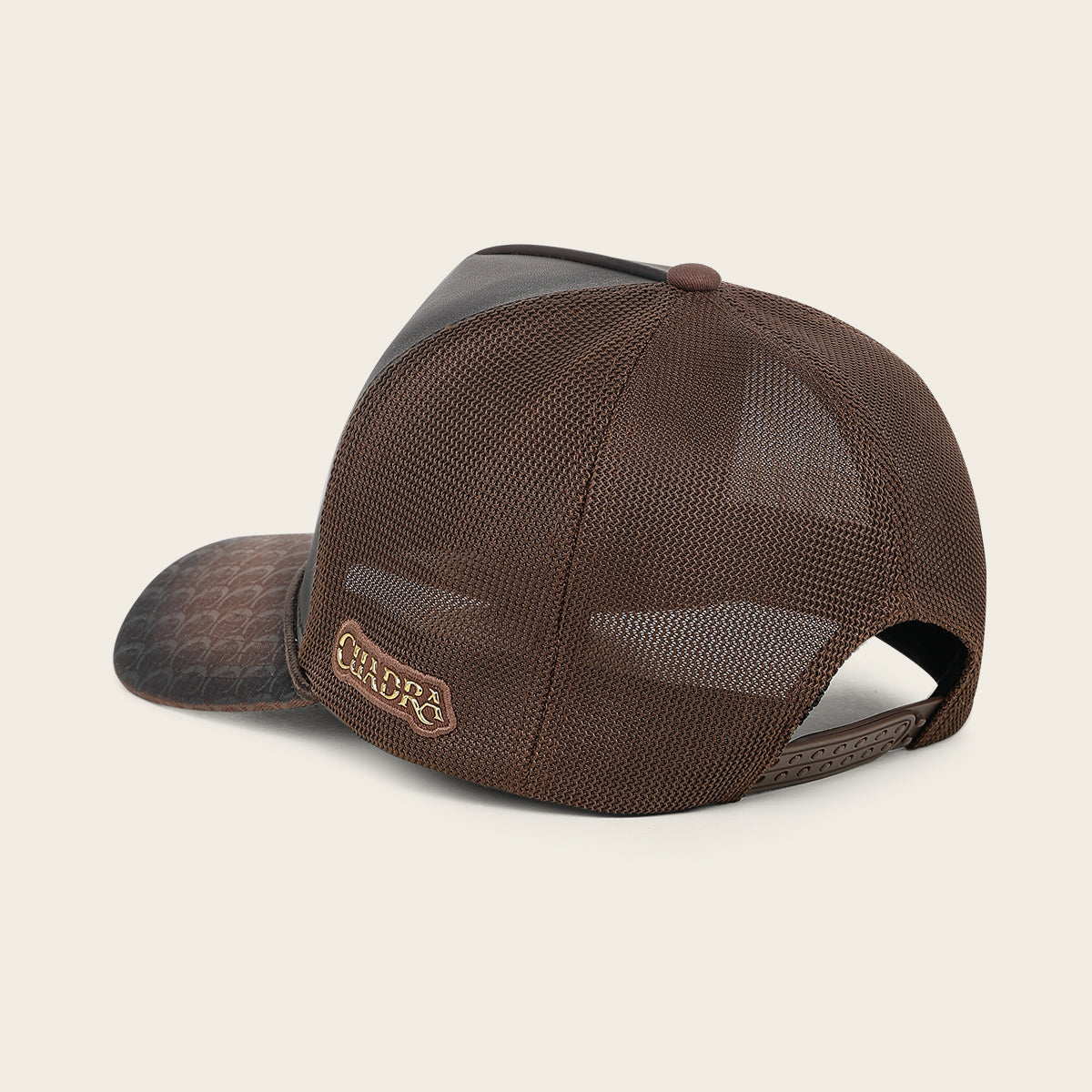 Cuadra CP005 brown caiman patch snapback cap, back view with mesh and snapback