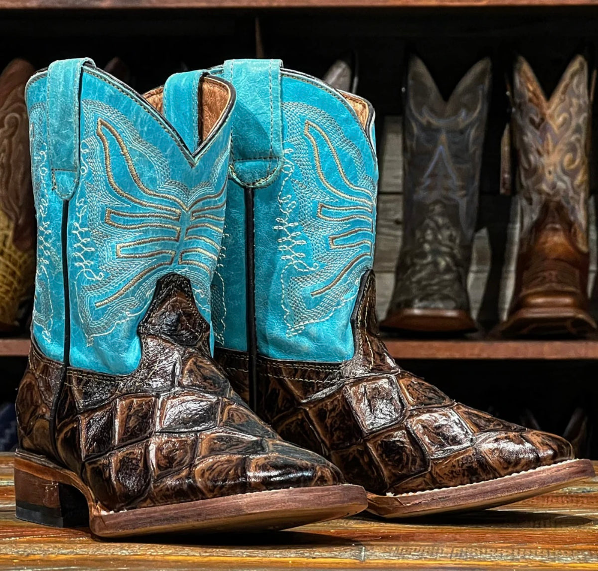 Tanner Mark TMK205205 Cooper kids western boot, monster fish print in chocolate with Arizona Turquoise top