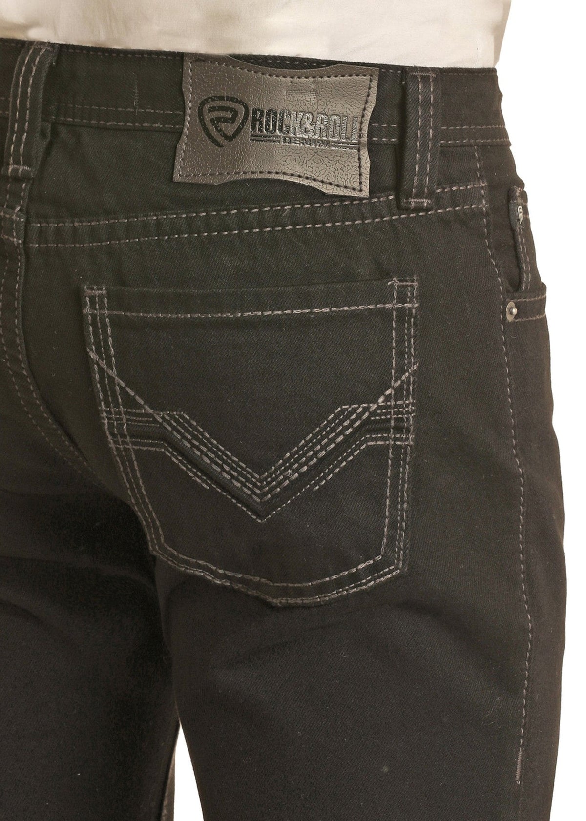 Rock & Roll Denim Revolver men's black slim fit straight leg jean BM1RD02484, back pocket stitching detail
