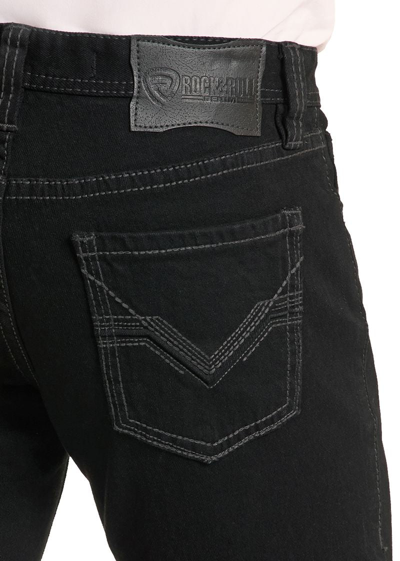 Rock & Roll Denim Double Barrel men's black relaxed fit straight leg jean BM0SD02484, back pocket detail