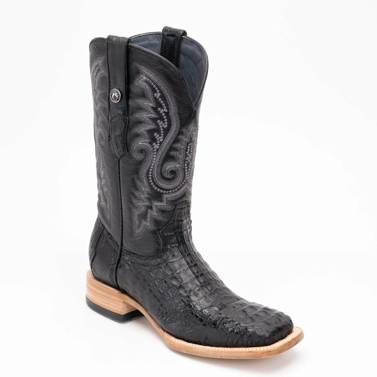 Tanner Mark TMX100158 men's genuine caiman belly cowboy boot in black with Kabul top