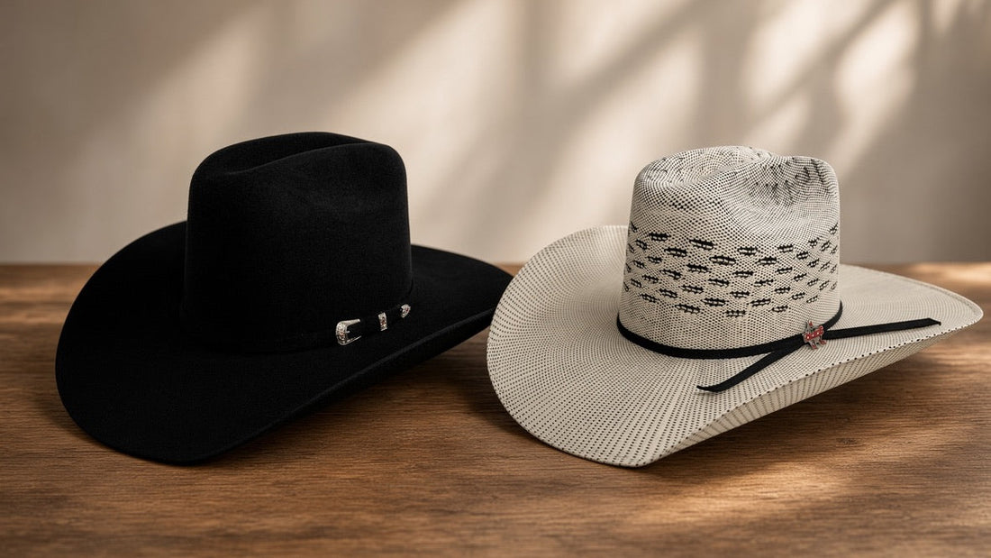 Black felt and vented straw cowboy hats side by side — felt vs straw guide, Teres Western Wear Dallas