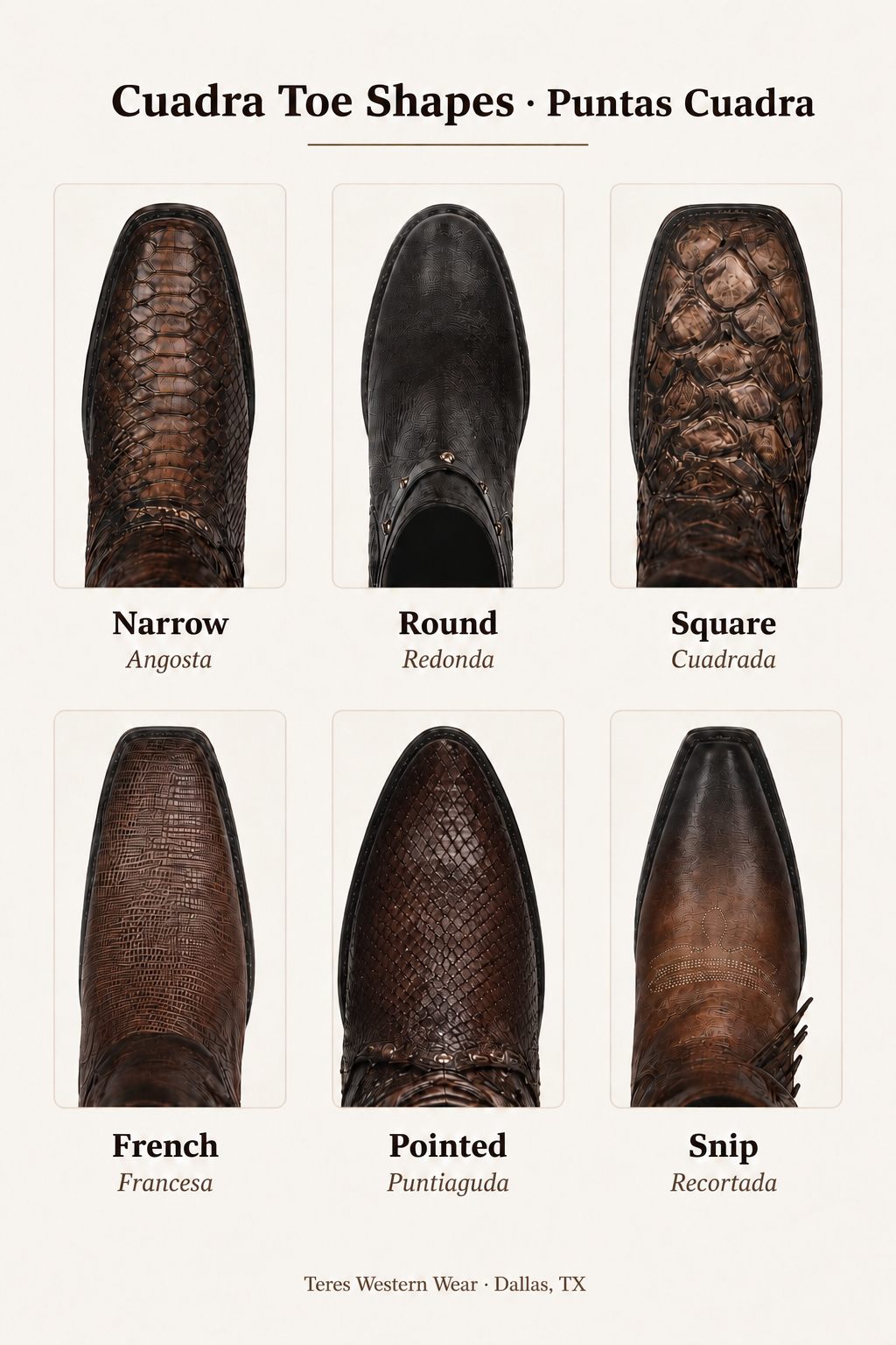 Cuadra boot toe shapes: narrow, round, square, french, pointed and snip — Teres Western Wear Dallas