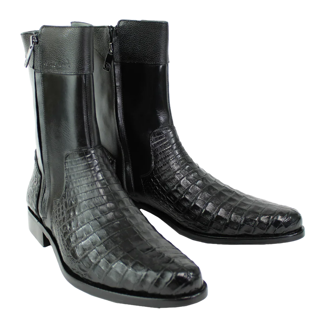 Cuadra FC865 black caiman roper-style boot with two zippers and round toe