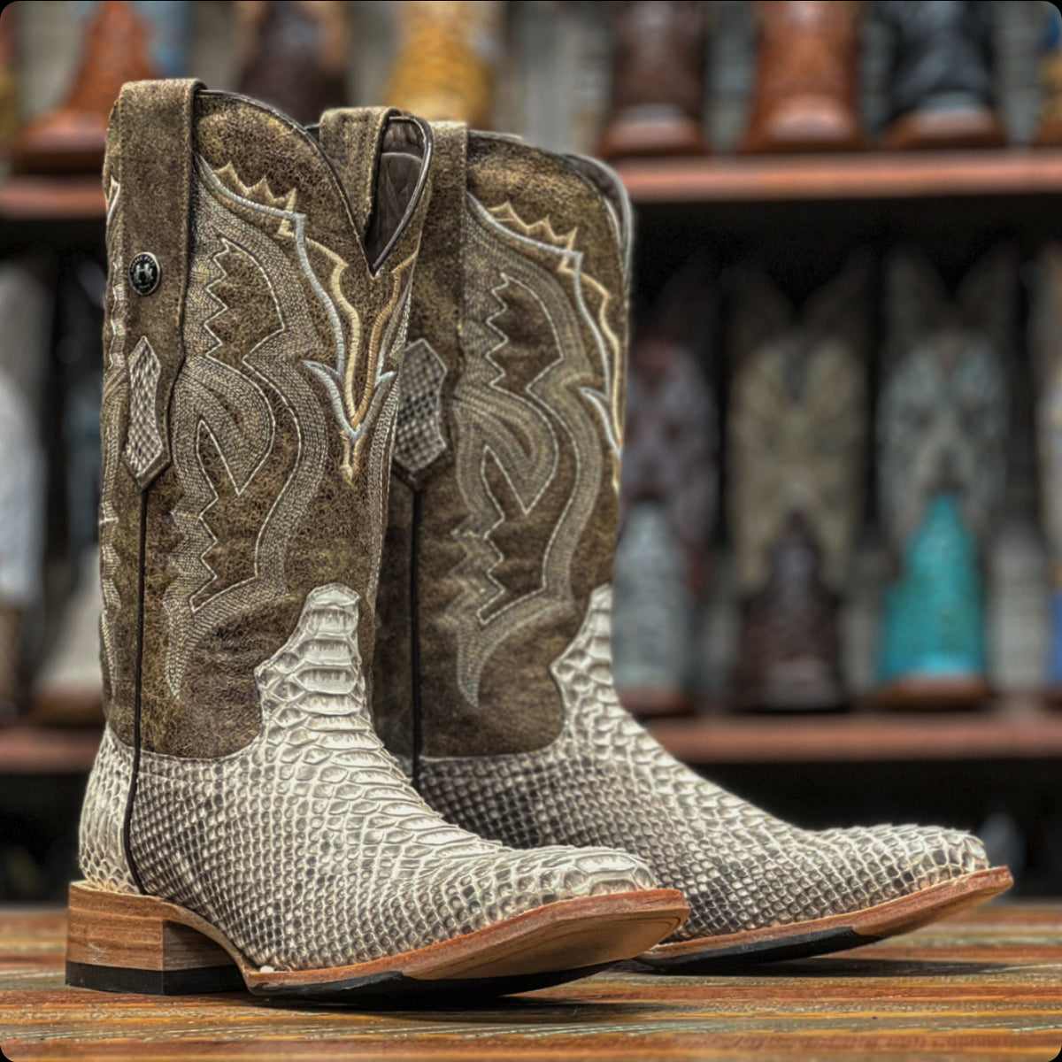 Tanner Mark TMX208034 men's genuine python cowboy boot in natural matte with Old West sand top