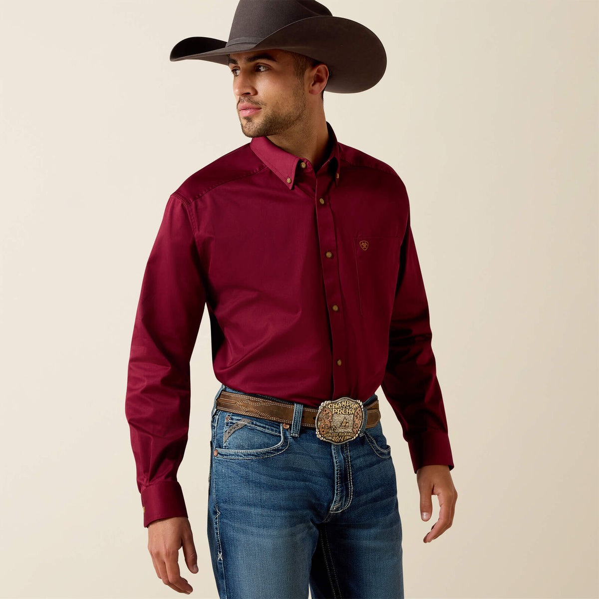 Ariat 10012635 men's solid twill classic fit shirt in burgundy, front view