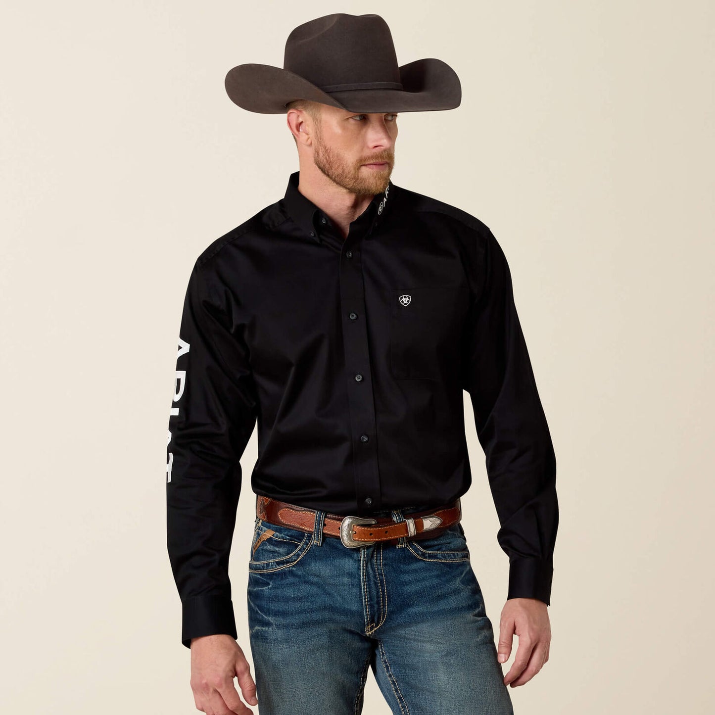 Ariat 10017497 men's team logo twill classic fit shirt in black, front view