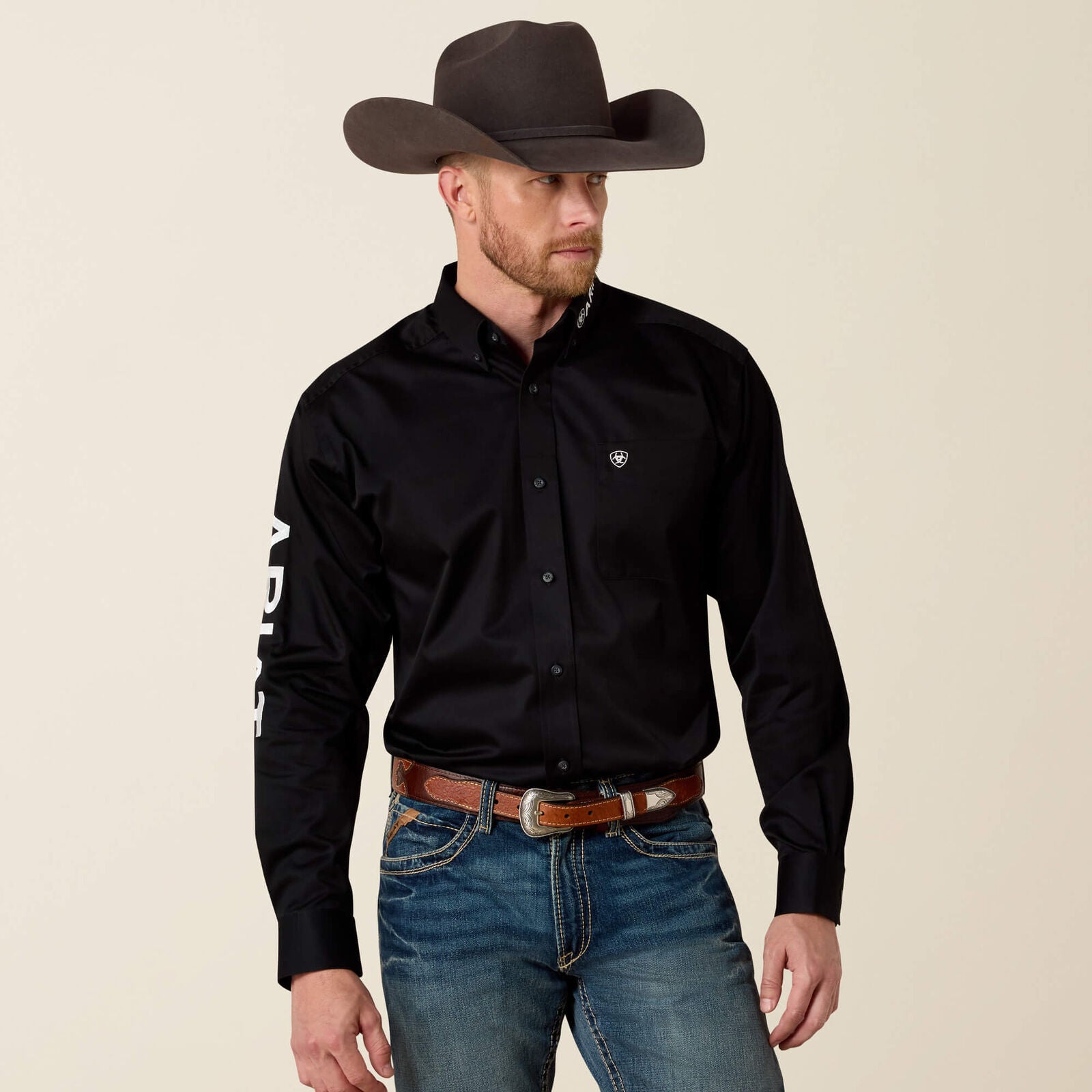 Ariat 10017497 men's team logo twill classic fit shirt in black, front view