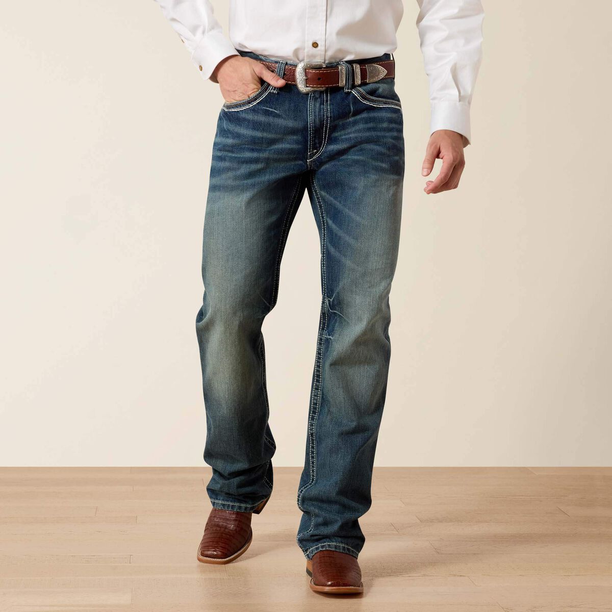 Ariat M4 Coltrane men's boot cut jean in Durango wash, front view