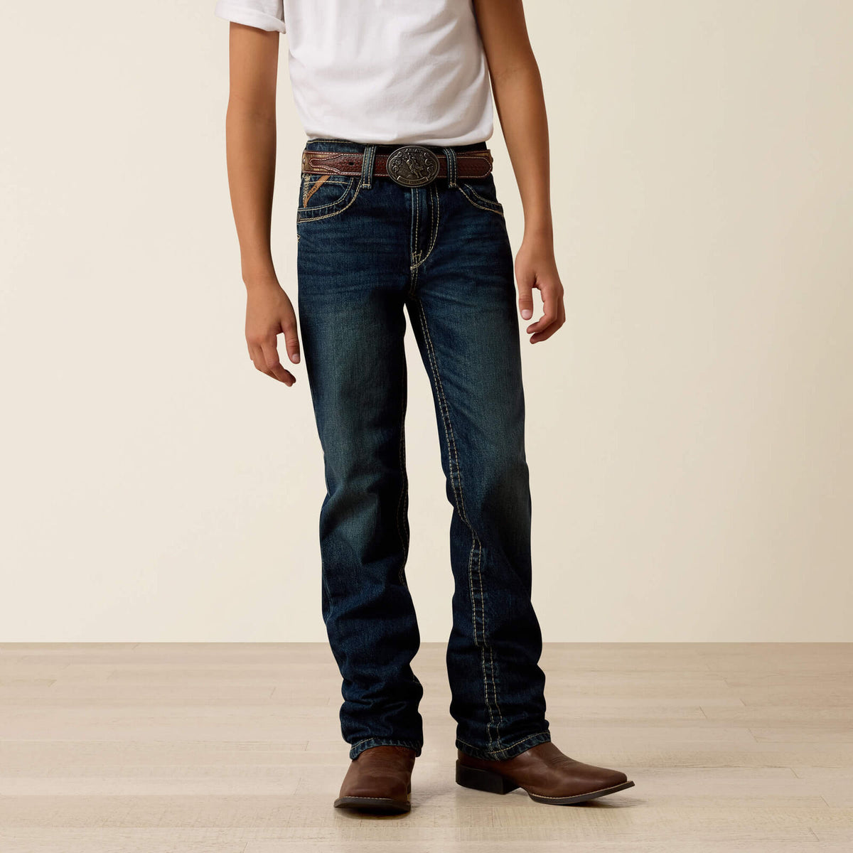 Ariat B5 Slim Boundary boys' stackable straight leg jean in Cyclone medium wash, style 10018338, front view
