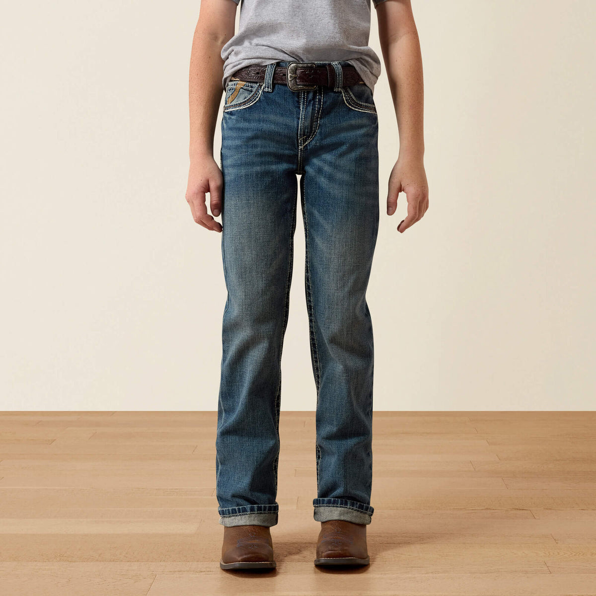 Ariat B4 Relaxed Coltrane boys' boot cut jean in Durango medium wash, style 10021160, front view