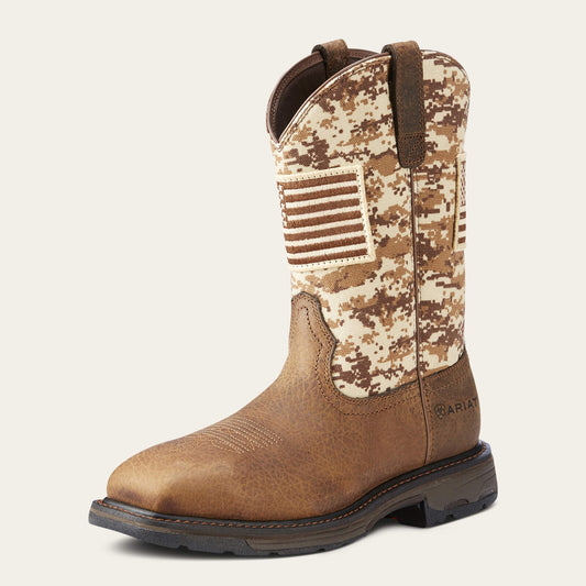 Ariat 10023100 WorkHog Patriot men's work boot with American flag shaft, three-quarter front view