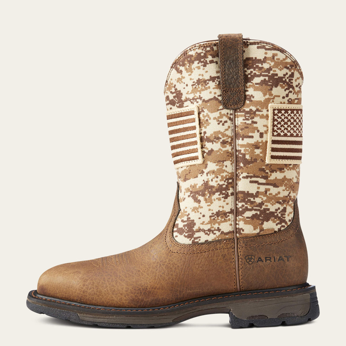 Ariat 10023100 WorkHog Patriot work boot, outer side view showing the flag shaft