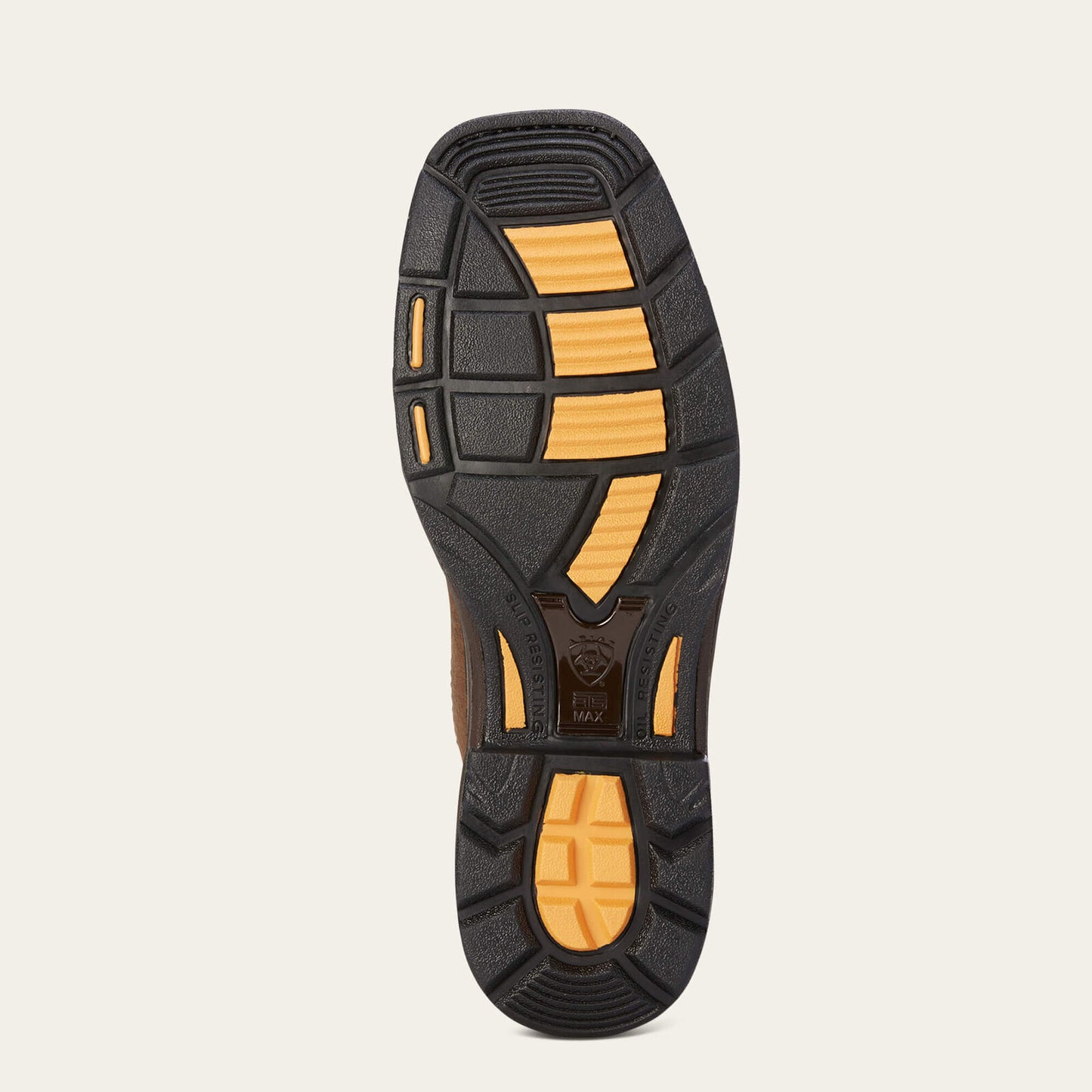 Ariat 10023100 WorkHog Patriot work boot showing the oil and slip resisting outsole