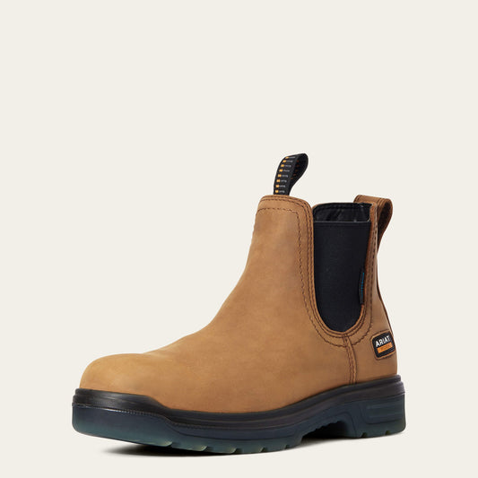 Ariat 10032609 Turbo Chelsea men's waterproof soft toe work boot in aged bark full-grain leather, three-quarter front view