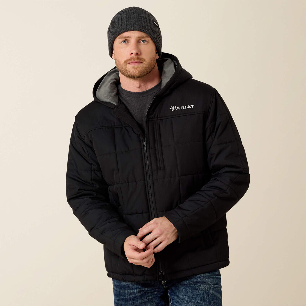 Ariat Men's Crius Hooded Insulated Jacket 10041649 in Black, front view