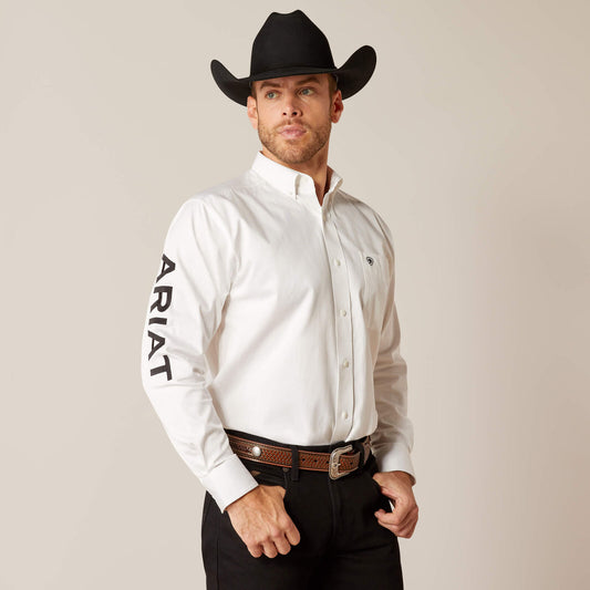 Ariat 10046825 men's Team Logo Twill classic fit shirt in white with black logo, front view