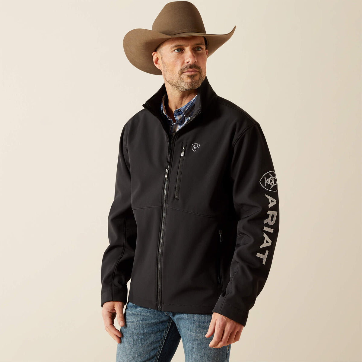 Ariat Men's Logo Softshell Jacket 10062578 in Black, front view