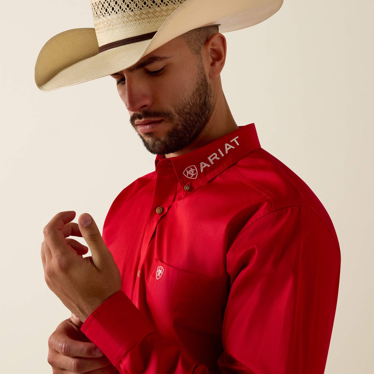 Ariat 10073653 Team Logo lightweight twill fitted shirt Tango Red, detail of embroidery