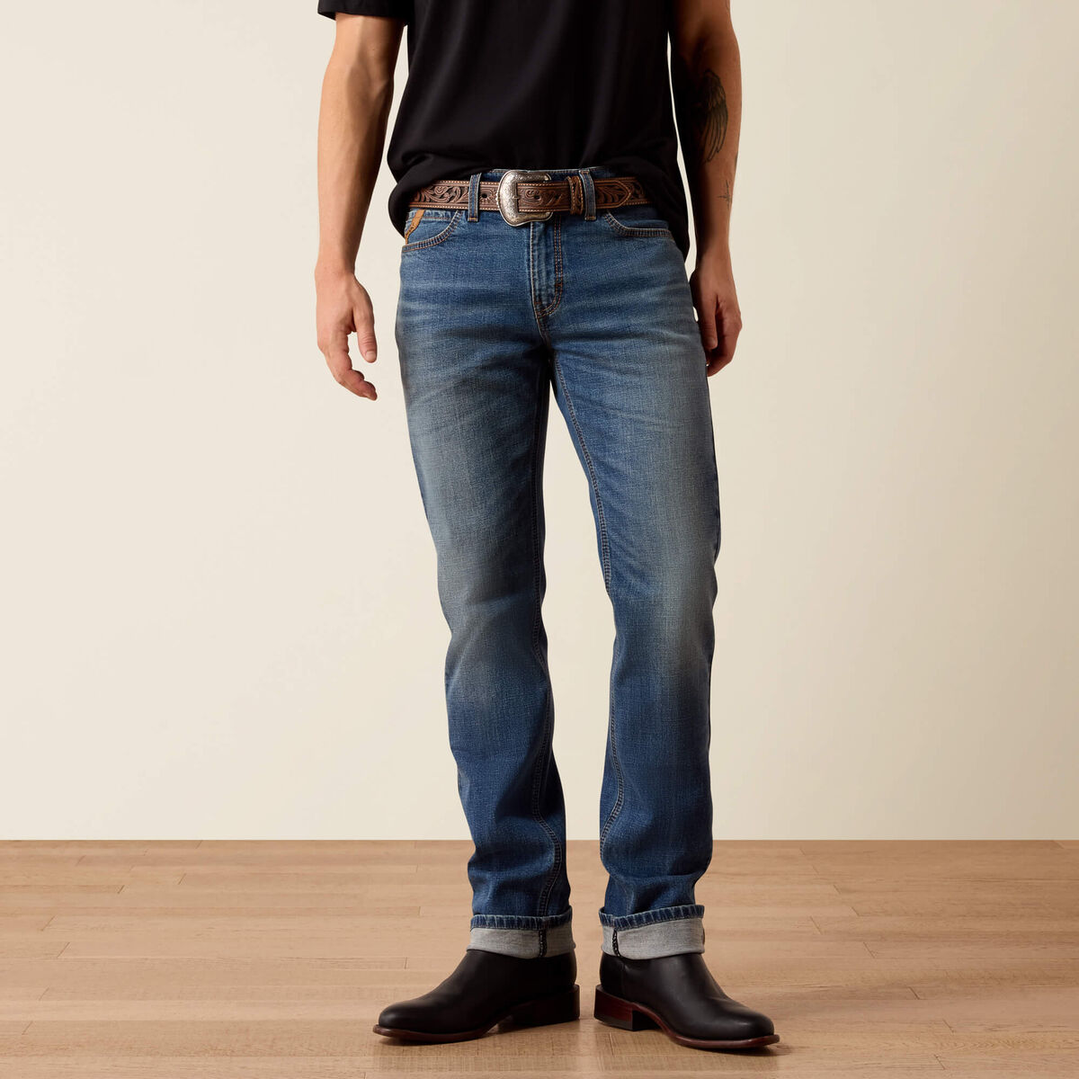 Ariat M8 Crosby men's modern straight jean in Zane wash, front view