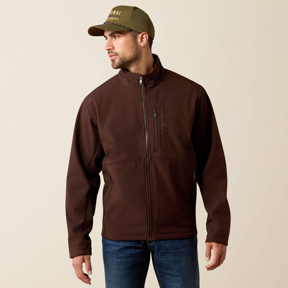 Ariat Men's Chest Logo Softshell Jacket 10079279 in Mole, front view