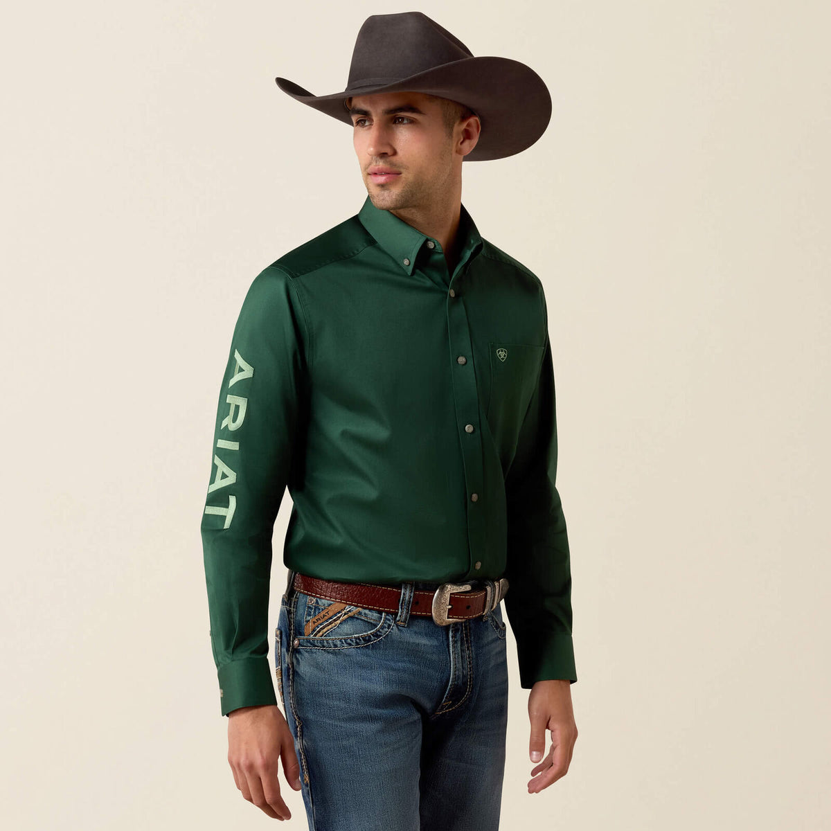Ariat 10079291 men's Team Logo Twill classic fit shirt in pineneedle green, front view