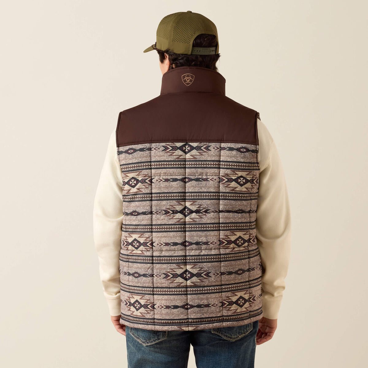 Ariat 10079386 men's Crius Insulated Vest in Silver Mink Heather with tonal southwest print, back view