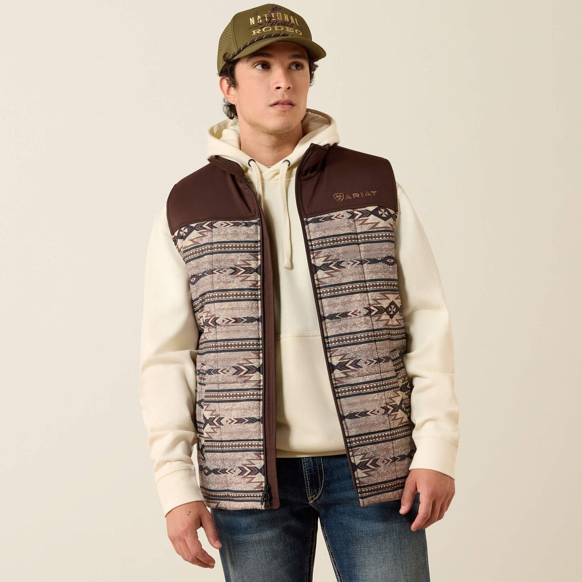 Ariat 10079386 men's Crius Insulated Vest in Silver Mink Heather with tonal southwest print, front view