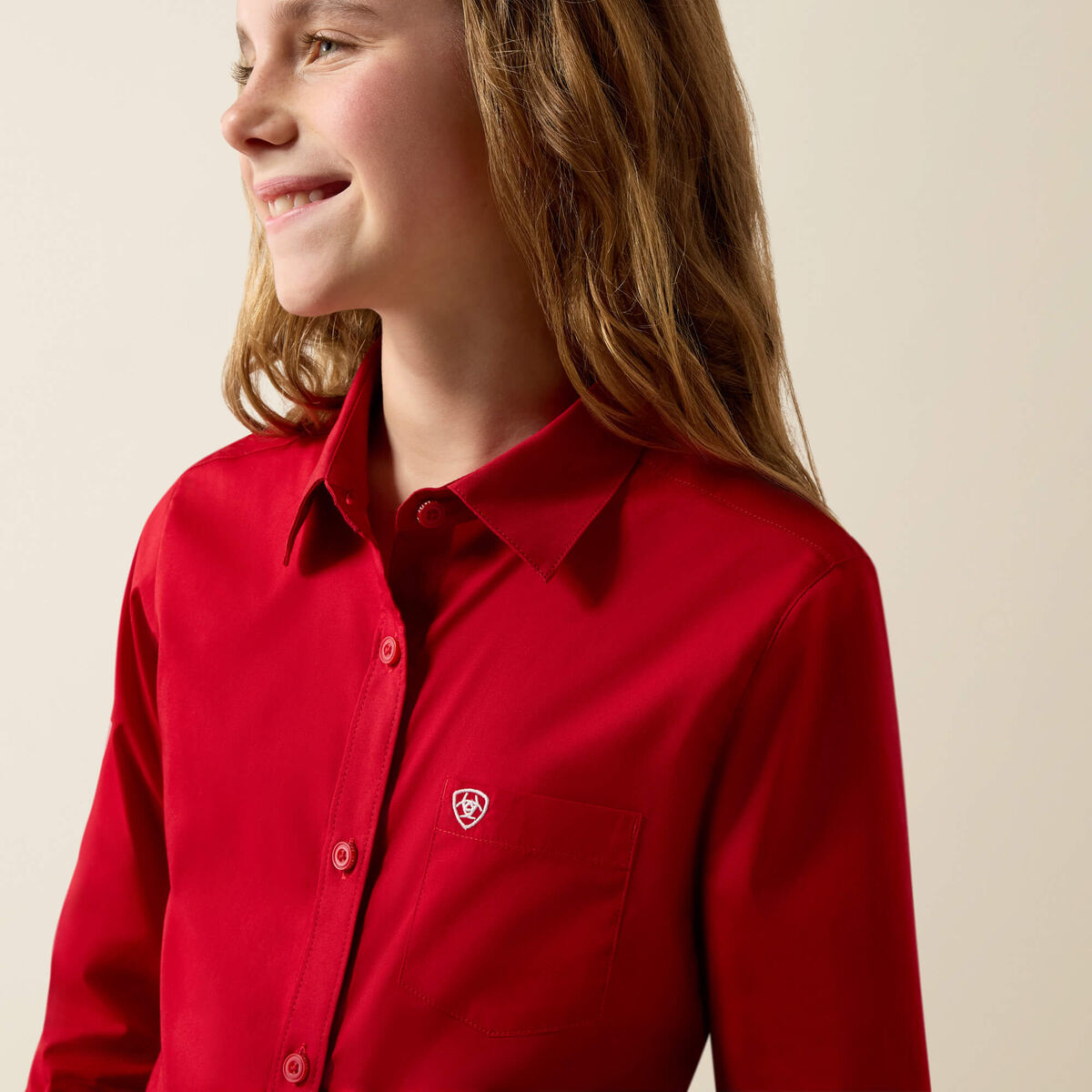 Ariat 10079476 girls' Team Kirby shirt in Savvy Red, detail view