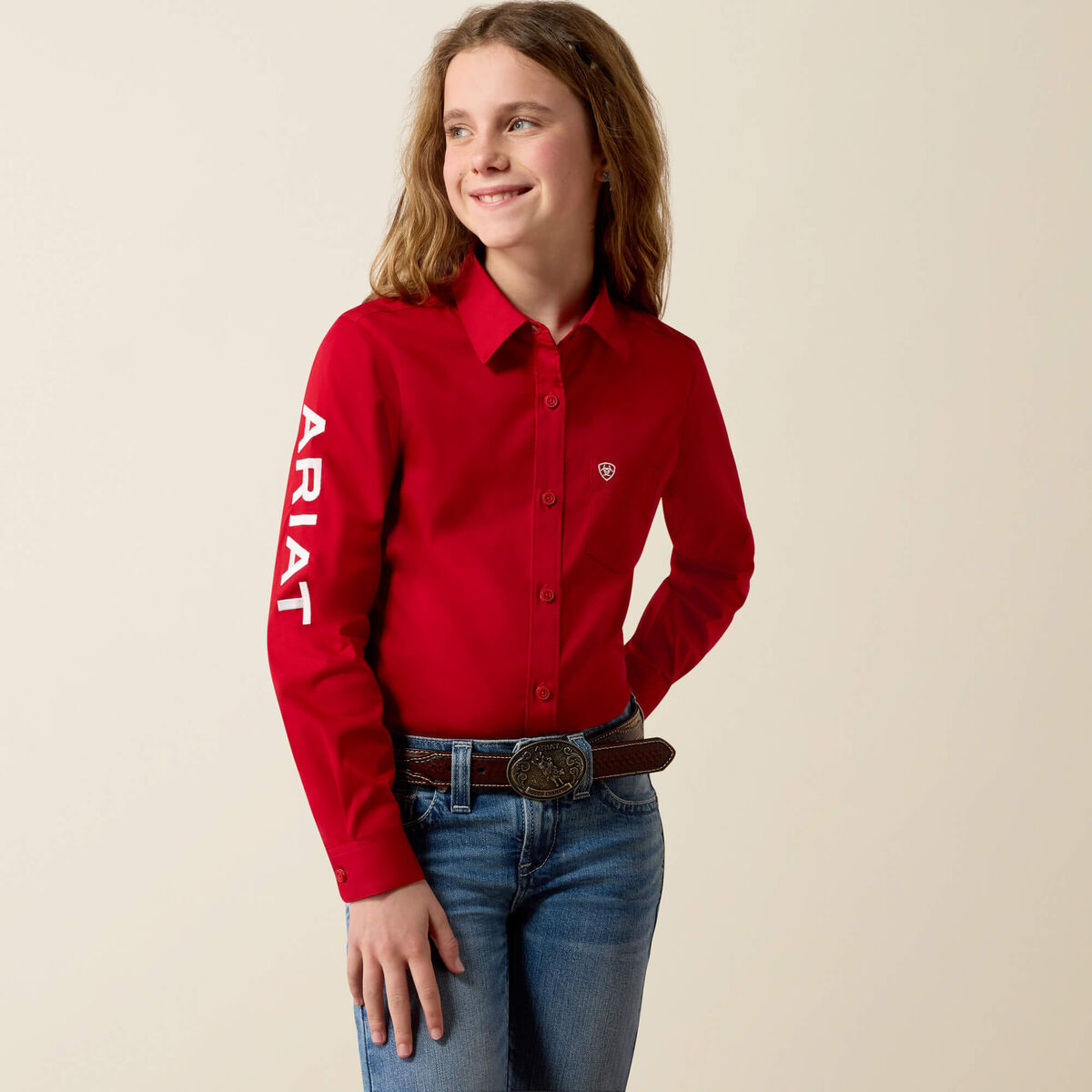 Ariat 10079476 girls' Team Kirby button-up shirt in Savvy Red, front view