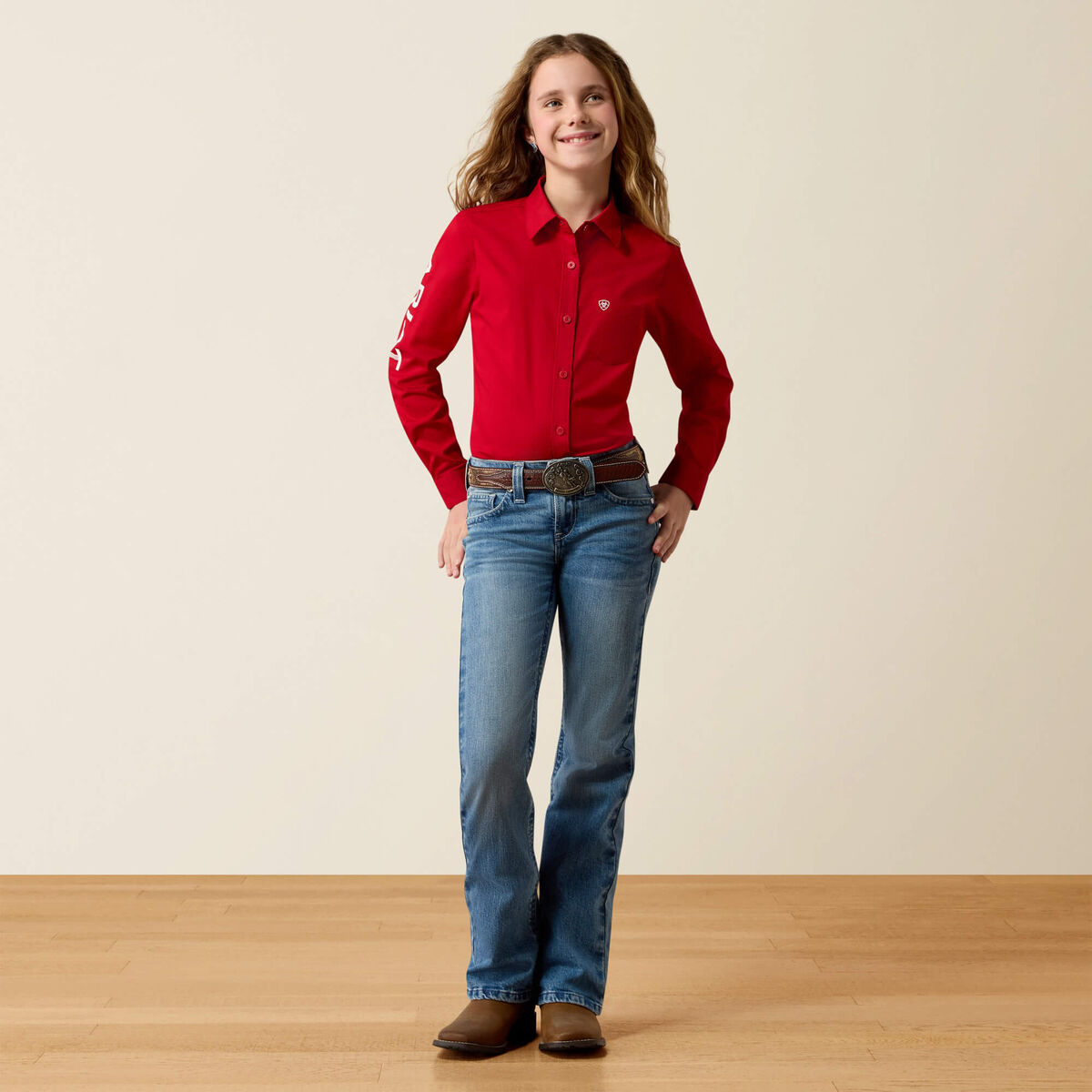 Ariat 10079476 girls' Team Kirby shirt in Savvy Red, full view