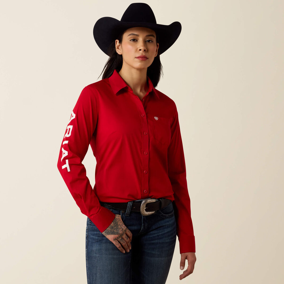 Ariat 10079477 women's Team Kirby stretch poplin shirt in Savvy Red, front view