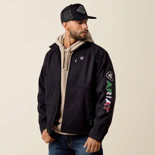 Ariat Men's Logo Softshell Jacket 10079490 in Black/Mexico, front view