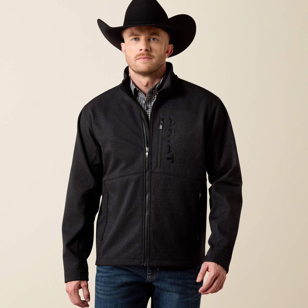 Ariat Men's Chest Logo Softshell Jacket 10079491 in Black/Mexico, front view