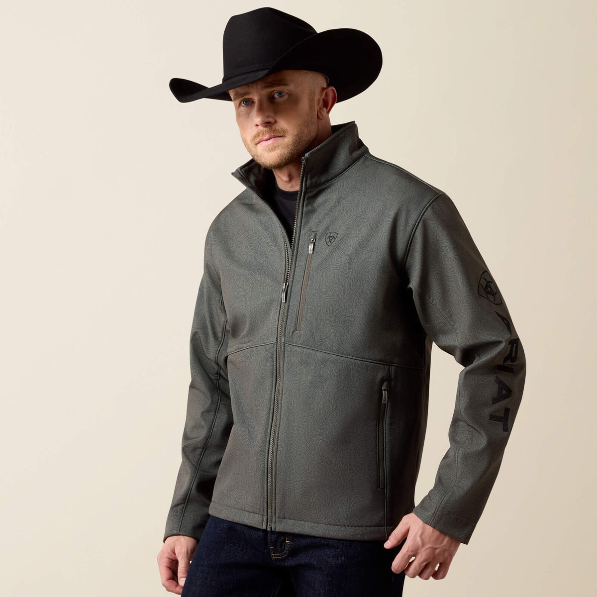 Ariat Men's Logo Softshell Jacket 10079579 in Beluga, front view