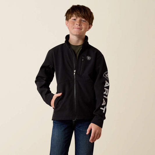 Ariat 10079694 boys' Logo Softshell Jacket in black with embroidered logos, front view