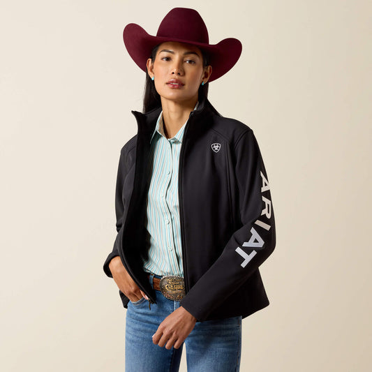 Ariat 10079892 women's Logo Softshell Jacket in black with white sleeve logo, front view
