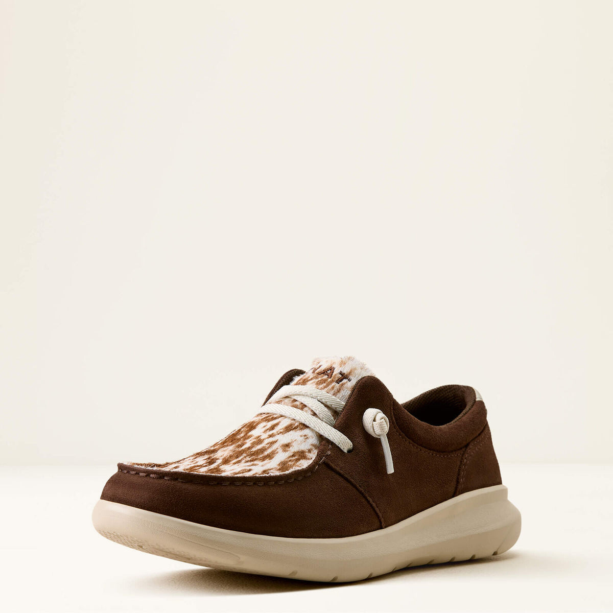 Ariat 10080390 women's Hilo shoe in coffee bean suede with speckled cow print, front view